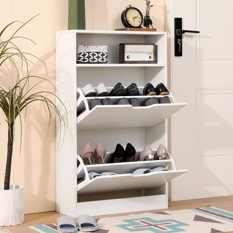 Photo 1 of ***PARTS ONLY***KUMIUNION Shoe Cabinet, White Narrow Shoe Cabinet with 2 Flip Doors \