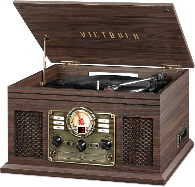 Photo 1 of Victrola Nostalgic 6-in-1 Bluetooth Record Player & Multimedia Center, Grey with Victrola Wooden Stand for Wooden Music Centers with Record Holder Shelf, Black & Victrola Wooden Record Crate, Black (