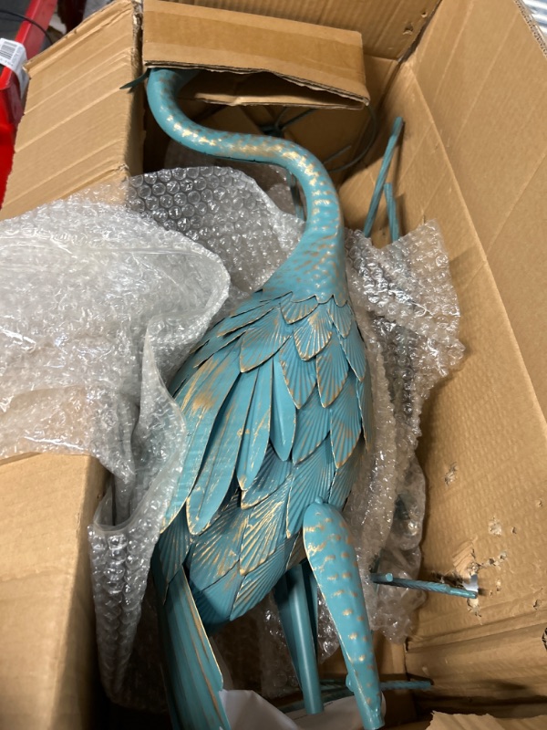 Photo 1 of Oritty 35-40 Inch Standing Garden Crane Statues for Outdoor Set of 2 Metal Birds Garden Sculptures Yard Art for Home Backyard Patio Lawn Decoration Cyan 2