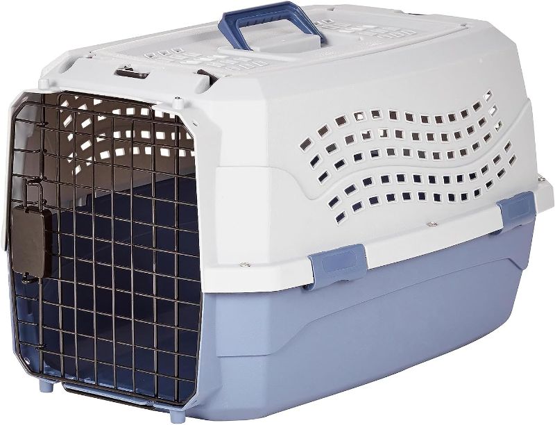 Photo 1 of Amazon Basics - 2-Door Top-Load Hard-Sided Dogs, Cats Pet Travel Carrier, Gray & Blue, 22.8"L x 15.0"W x 13.0"H
