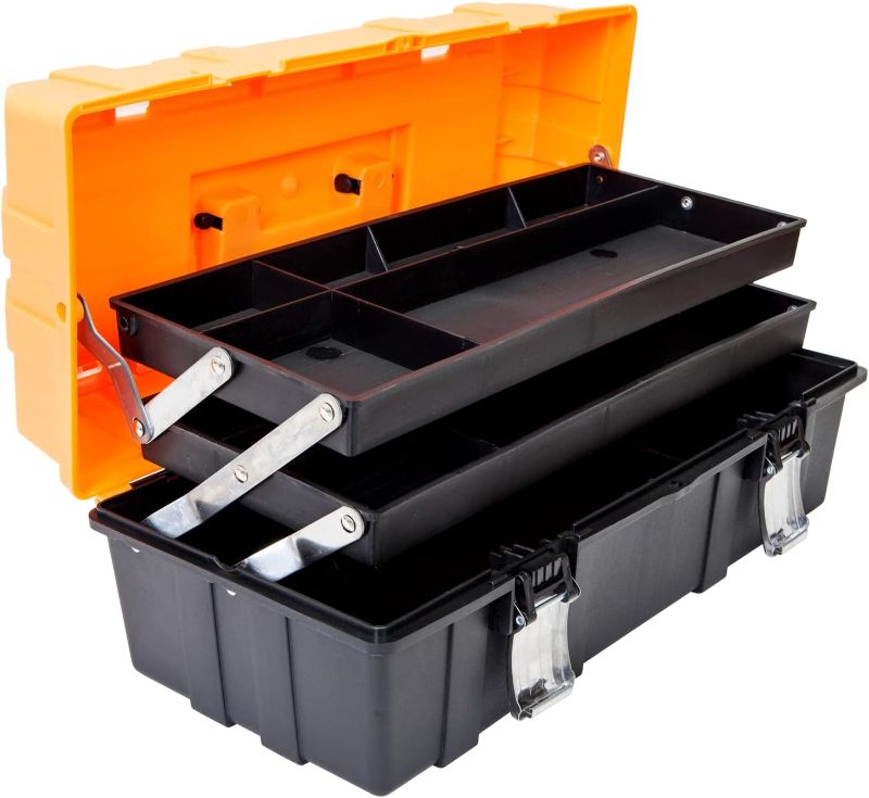 Photo 1 of Torin 17-Inch Plastic Tool Box,3-Tiers Multi-Function Storage Portable Toolbox Organizer, Black/Orange ATRJH-3430T
