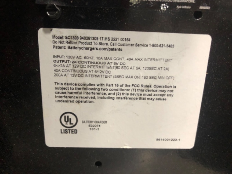 Photo 3 of ***HEAVILY USED AND DIRTY - UNABLE TO TEST***
Schumacher SC1309 Battery Charger with Engine Starter, Boost, and Maintainer - 200 Amp/40 Amp, 6V/12V