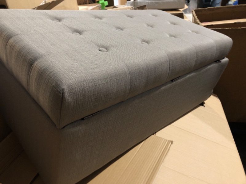 Photo 2 of **DAMAGE**SEE NOTES 
HomePop Linen Button Tufted Storage Bench with Hinged Lid, Taupe 40" x 20" x 18"