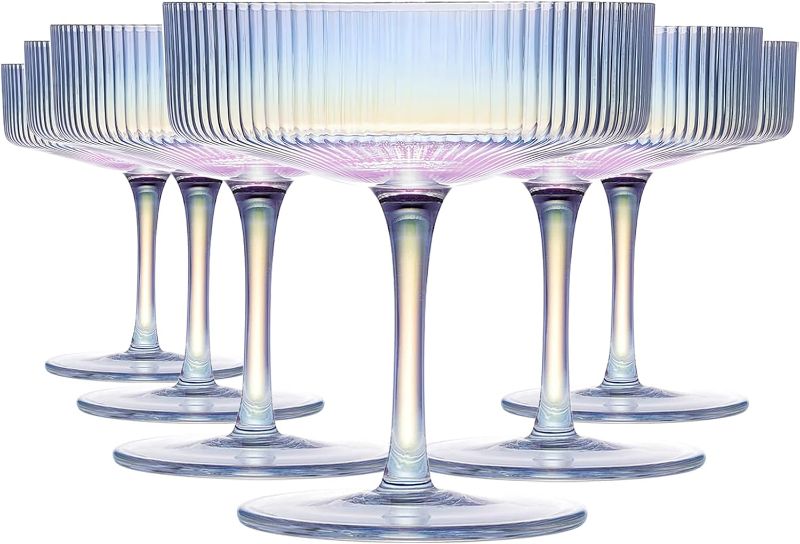 Photo 1 of CUKBLESS Iridescent Martini Glasses Set of 6, Champagne Coupe Glasses, Hand Blown Vintage Ribbed Glasses, Cocktail Glasses for Margarita, Whiskey, Dessert, 7 oz
