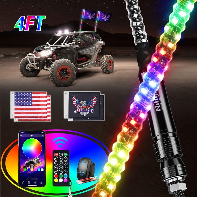 Photo 1 of Nilight 2PCS 4FT RGB LED Whip Light, Remote & App Control w/DIY Chasing Patterns Stop Turn Reverse Light Safety Antenna Lighted Whips