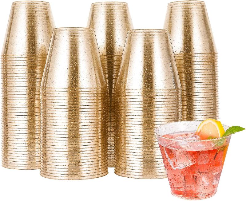 Photo 1 of JOLLY CHEF 200 Pack 9 oz Glitter Plastic Cups, Disposable Gold Cups, Clear Plastic Tumblers, Gold Glitter Cups, Disposable Cups f