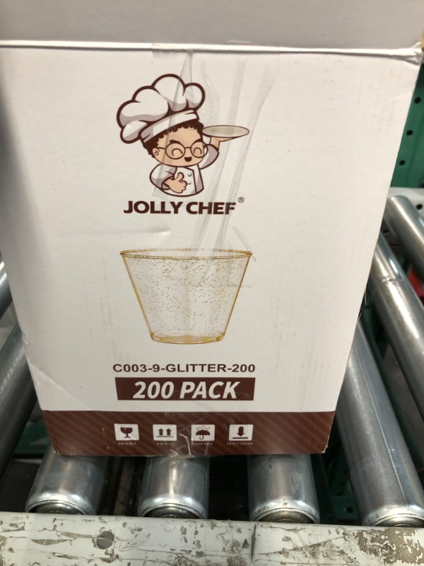 Photo 4 of JOLLY CHEF 200 Pack 9 oz Glitter Plastic Cups, Disposable Gold Cups, Clear Plastic Tumblers, Gold Glitter Cups, Disposable Cups f