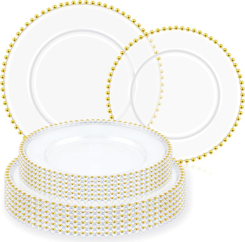 Photo 1 of 25 Pcs Clear Charger Plates 13 Inch Plastic Round Dinner Plate with Gold Beaded Rim Dinner Table Decorative Plate 