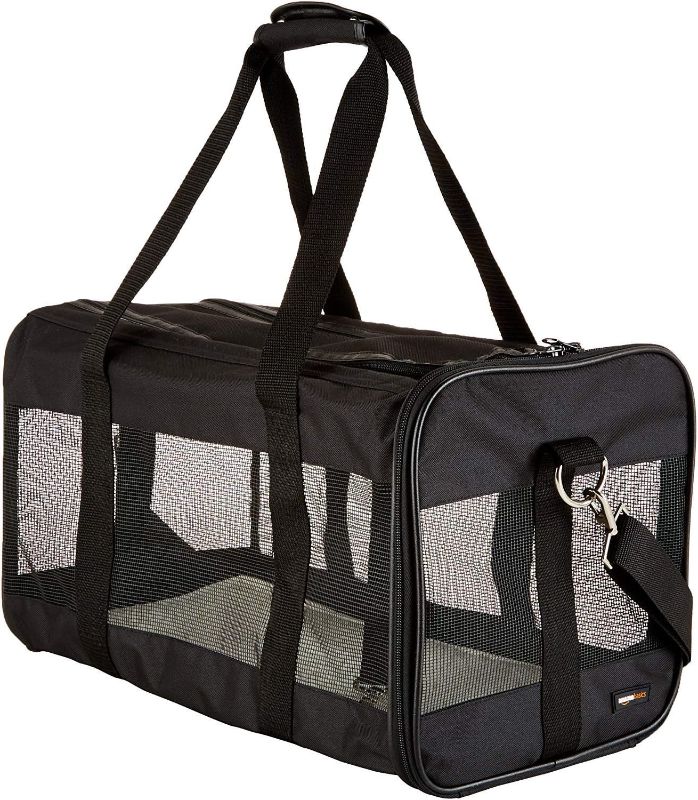 Photo 1 of Amazon Basics Soft-Sided Mesh Pet Travel Carrier, Large (20 x 10 x 11 Inches), Black & Unscented Standard Dog Poop Bags with Dispenser and Leash Clip, 13 x 9 Inches, Black - 20 Rolls (300 Bags)