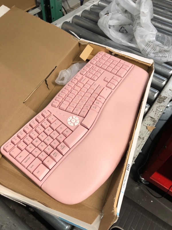 Photo 3 of MEETION Ergonomic Keyboard, Split Wireless Keyboard with Cushioned Wrist, Palm Rest, Curved, Natural Typing Full Size Rechargeable Keyboard with USB-C Adapter for PC/Computer/Laptop/Windows/Mac, Pink