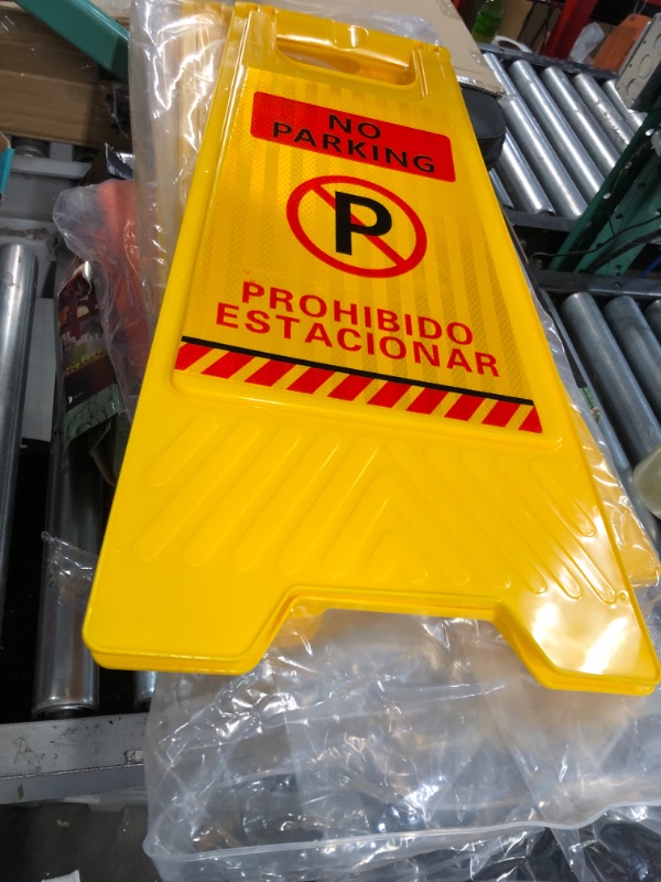 Photo 2 of Fuutreo 4 Pcs 24 Inch Reflective No Parking Sign 2 Sided Self Standing Floor Bilingual  (Yellow)