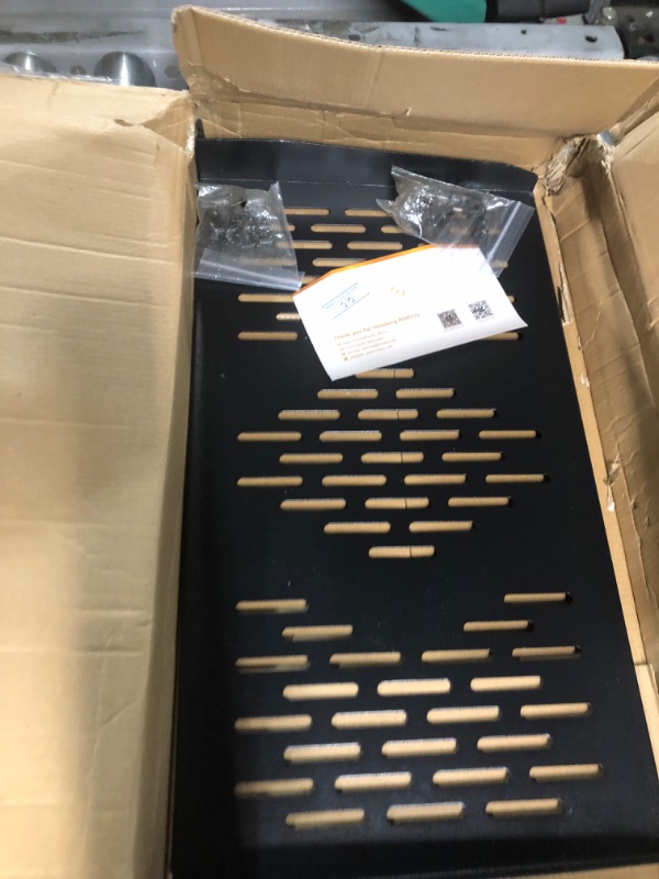 Photo 1 of RIVECO 2PCS 1U Rack Shelves, 19” Cabinet Mount 1 U Tray Vented Cantilevers for Computer Case Shelf Mounting, 10 Inches 25CM Depth, Black