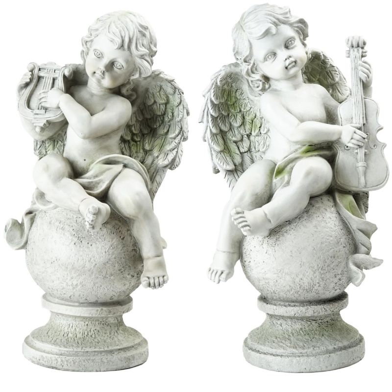 Photo 1 of 14.75 Set of 2 Cherub Angels with Instruments Outdoor Garden Statues - All