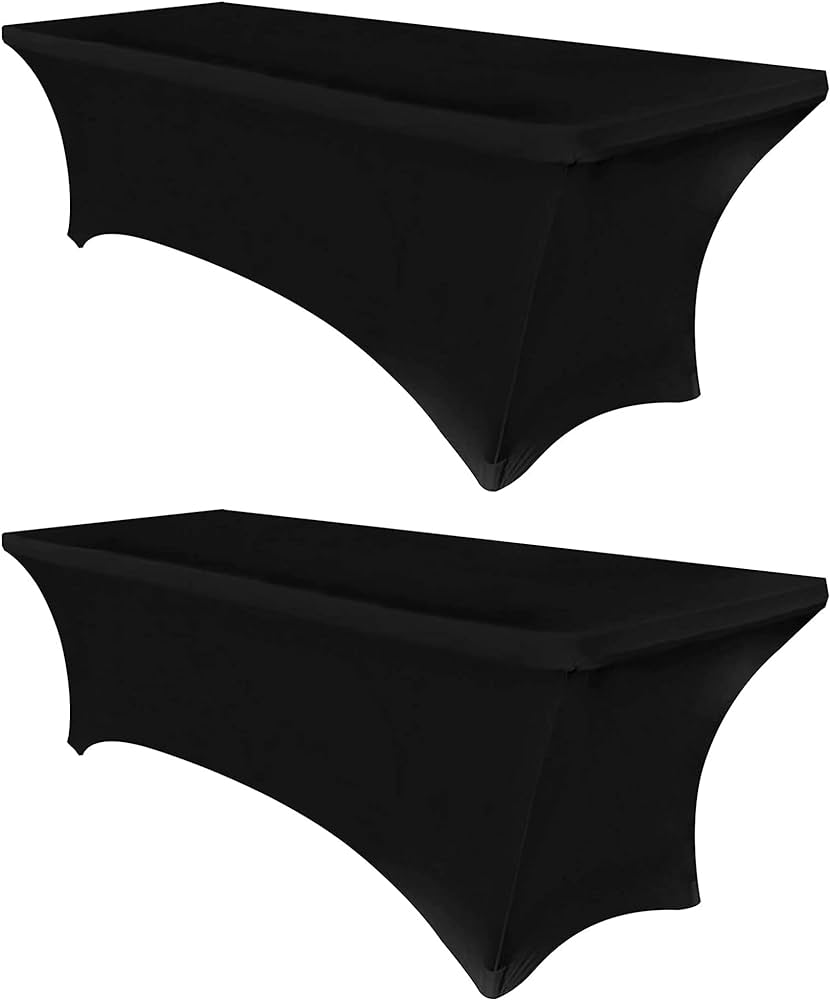 Photo 1 of **1 BLACK, 1 ORANGE** Obstal 6ft Stretch Black Spandex Table Cloth for Standard Folding Tables - 2 Pack