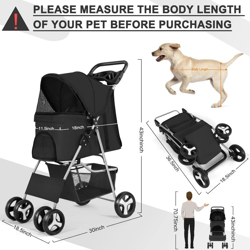 Photo 4 of (REARD NOTES) Wedyvko Pet Dog Stroller, 4 Wheel Foldable Cat Dog Stroller with Storage Basket