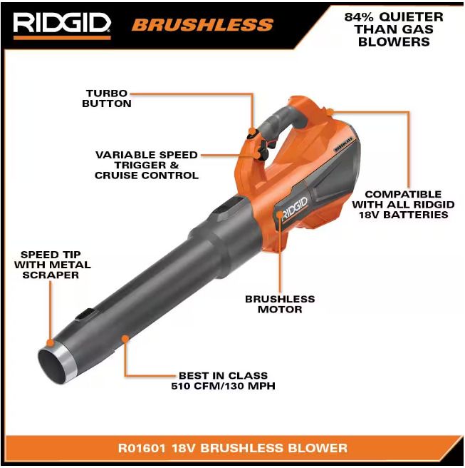 Photo 1 of RIDGID 18V Brushless 130 MPH 510 CFM Cordless Battery Leaf Blower (Tool Only