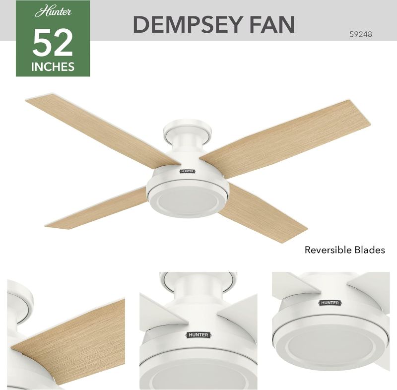 Photo 1 of ***Parts Only***Hunter Fan Company 59248 Dempsey Indoor Low Profile Ceiling Fan with Remote Control, 52", Fresh White Finish