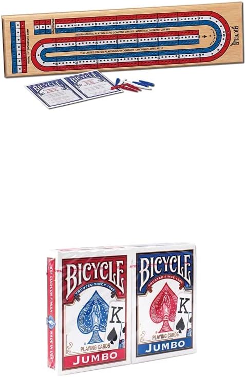 Photo 1 of Bicycle Cribbage Game Bundle: 3-Track Color Coded Wooden Cribbage Board, 2 Bicycle Jumbo Index Playing Card Decks, and 9 Color Coded Pegs