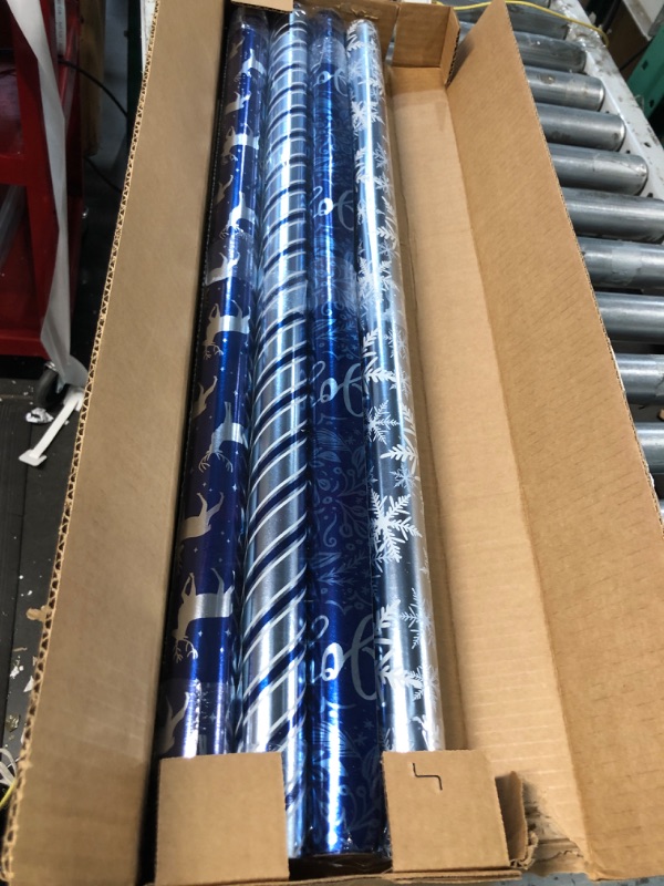 Photo 2 of American Greetings 80 sq. ft. Blue Wrapping Paper Bundle for Christmas, Hanukkah and All Holidays, Blue and White Stripes (4 Rolls 30 in. x 8 ft.) Blue and Silver