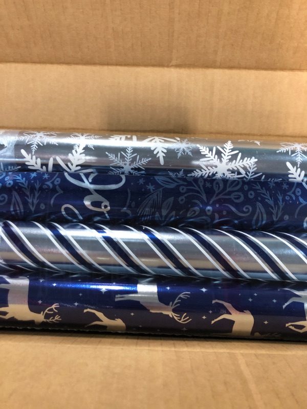 Photo 3 of American Greetings 80 sq. ft. Blue Wrapping Paper Bundle for Christmas, Hanukkah and All Holidays, Blue and White Stripes (4 Rolls 30 in. x 8 ft.) Blue and Silver