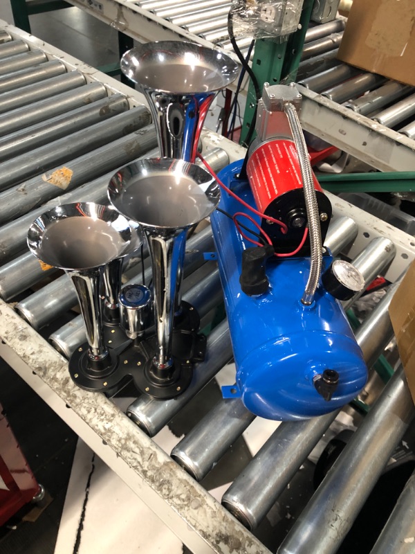 Photo 1 of FARBIN Train Horn for Truck 150DB Super Loud Air Horns 4 Trumpet Horns Kit with. 150 PSI 12V Air Compressor 3 Gal Air Tank for Truck Car Jeep SUV Train Boat ?1.6 gal 12v air horn kit?