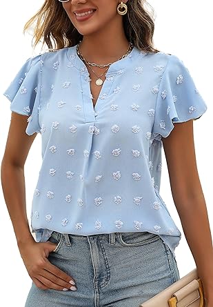 Photo 1 of KYLELOVE Womens Business Casual Blouses V Neck Ruffle Sleeve 