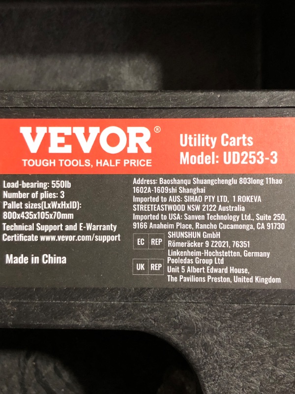 Photo 3 of * Missing vertical supports and middle tray *
VEVOR Utility Service Cart, 3 Shelf 550LBS Heavy Duty Plastic Rolling Utility Cart