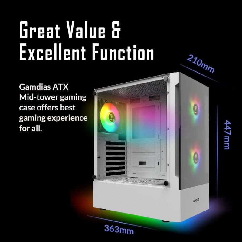 Photo 6 of ZEUS GAMDIAS White RGB Gaming ATX Mid Tower Computer PC Case 