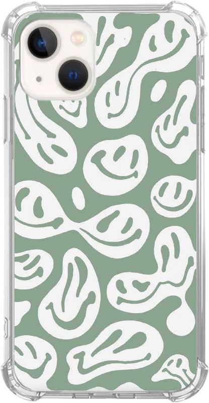 Photo 1 of * NONREFUNDABLE *  Rambulgkt Drippy Sage Green Smile Face Case Compatible with iPhone 13, Hippie Trippy Smile Faces Case for iPhone 13, Cool Cute TPU Bumper Phone Case Cover