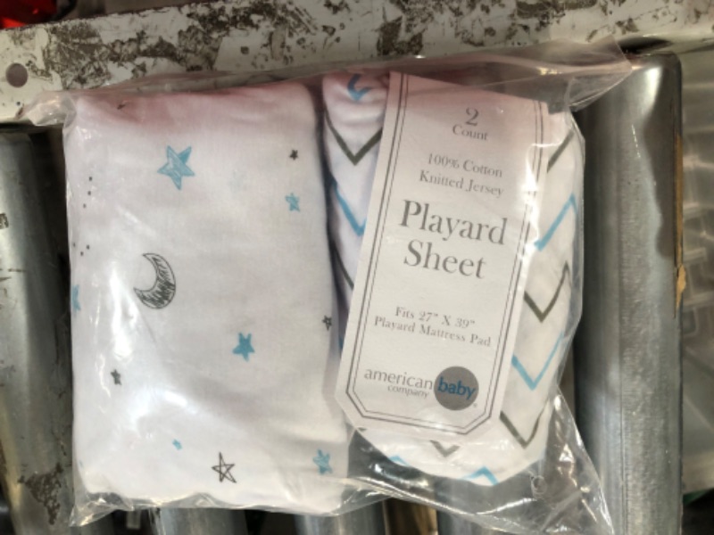 Photo 2 of American Baby Company 2 Pack Fitted Pack N Play Playard Sheet 27" x 39", Soft Breathable Neutral Cotton Jersey Pack and Play Sheet, Blue Stars/Zigzag, for Boys and Girls, Fits Most Mini Crib