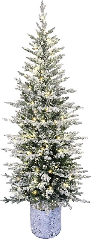 Photo 1 of * see photos for damaged pictures* Puleo International Pre-Lit Potted Flocked Arctic Fir Pencil Artifical Artificial Christmas Tree, Green, 