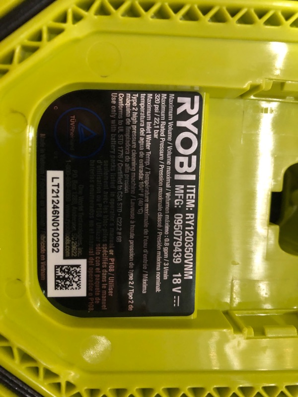 Photo 4 of ***NO BATTERY - MISSING ACCESSORIES - UNABLE TO TEST***
RYOBI RY120350 ONE+ 18-Volt 320 PSI 0.8 GPM Cold Water Cordless Power Cleaner (Tool Only)