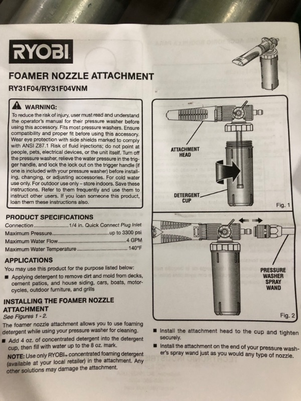 Photo 3 of Ryobi RY31F04 Pressure Washer Foam Blaster