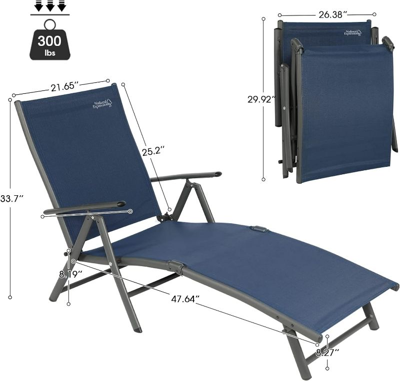 Photo 4 of (READ NOTES) NATURAL EXPRESSIONS Chaise Lounge Outdoor, Pool Lounger Chairs Portable Folding Aluminum Patio Recliner Chair with 7 Position Adjustable Backrest for Beach, Backyard, Poolside,Lawn Supports 300 lbs Navy Blue