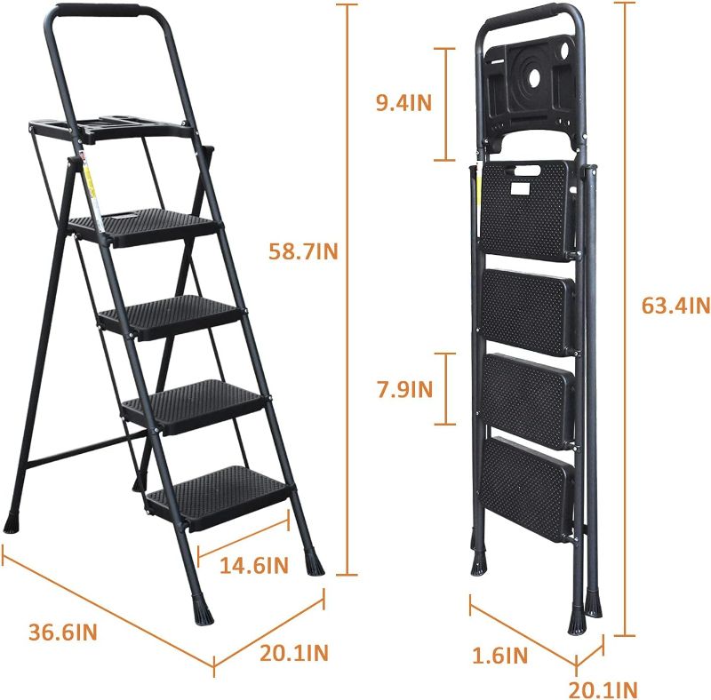 Photo 4 of (READ NOTES) 4 Step Ladder, Folding Step Stool with Tool Platform, Wide Anti-Slip Pedal, Lightweight 500lbs Step Ladder for Adults, Portable Steel Step Stool for Adults, Black 4-Step with tool Platform