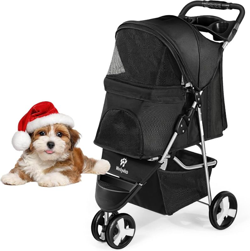 Photo 1 of [READ NOTES]
Wedyvko Pet Stroller, 3 Wheel Foldable Cat Dog Stroller with Storage Basket and Cup Holder for Small and Medium Cats, Dogs, Puppy (Black)
