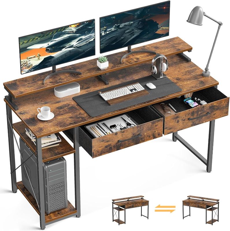 Photo 1 of ODK Computer Desk with Drawers, 48 Inch Office Desk with Storage & Shelves, Work Writing Desk with Monitor Stand Shelf, Rustic Brown Home Office Desks for Small Spaces
