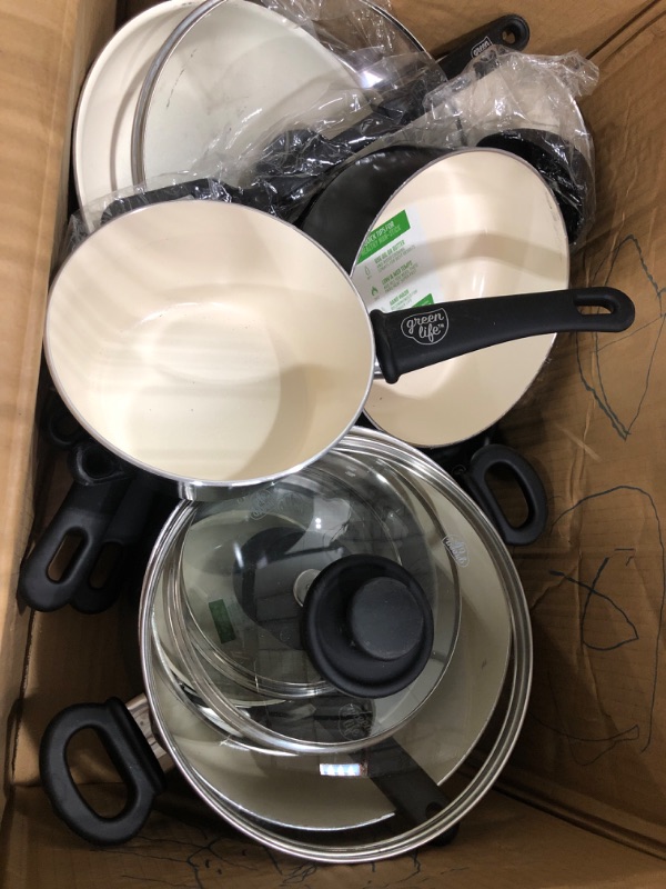 Photo 2 of *SEE NOTES* GreenLife Soft Grip Healthy Ceramic Nonstick, 16 Piece Cookware Pots and Pans Set, PFAS-Free, Dishwasher Safe, Black & Cream Black & Cream 16 Piece Cookware Set