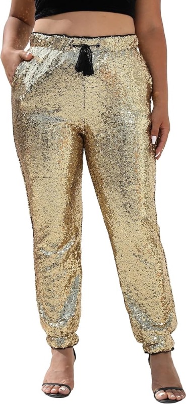 Photo 3 of **STOCK PHOTO FOR REFERENCE ONLY REFER TI PICTURES**
Women's Sequent High Waisted Pants Casual Ankle Length, Yellow/ Sparkle XL 