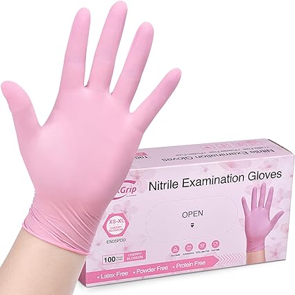 Photo 1 of  Pink Nitrile Exam Gloves, 3-mil, 100ct Box, Powder-Free, Latex-Free, Medical Grade Gloves for Cleaning, Esthetician