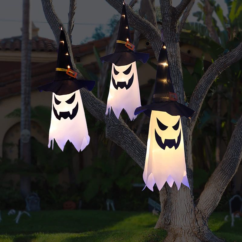 Photo 1 of 2 pack - Halloween Decorations Outdoor Decor Hanging Lighted Glowing Ghost Witch Hat Halloween Decorations Indoor Outside Ornaments Clearance Halloween Party Lights String for Yard Tree Garden(3Pcs) white ghost