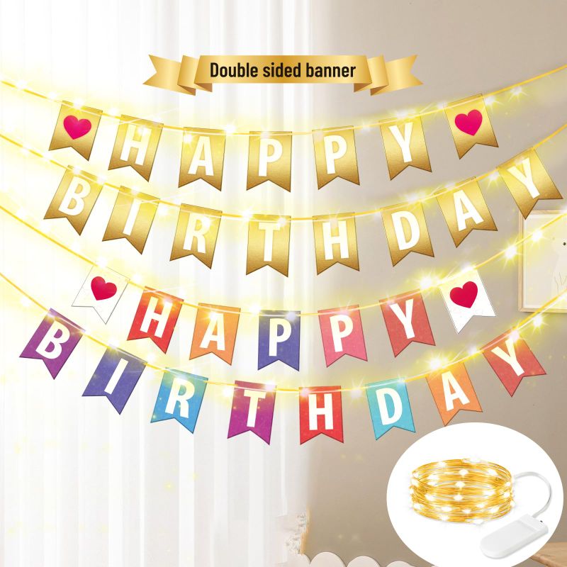 Photo 1 of 2 pack - Happy Birthday Banner Sign, HXWEIYE Double Sided Birthday Banner Garland and 2pack 6.6ft copper wire lights for Men Kids Girls Birthday, Home, Garden, Birthday Decoration(Colorful & Gold) Colorful & Gold with light