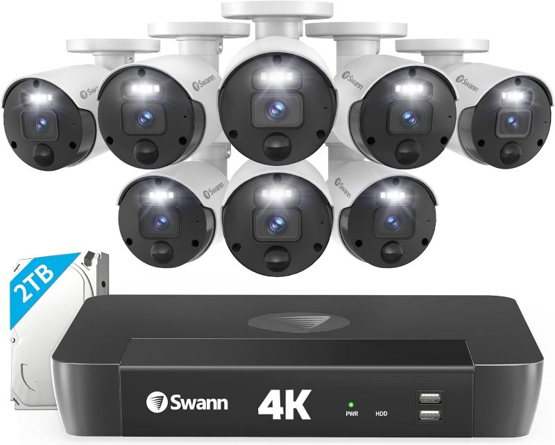 Photo 1 of Swann 4K Master Security Camera System, 8pcs PoE Bullet Cameras, 8CH Cat5e Wired NVR System with 2TB HDD, Sensor Spotlights, Color Night Vision, 24/7 Home Surveillance, True Detect, Indoor/Outdoor
