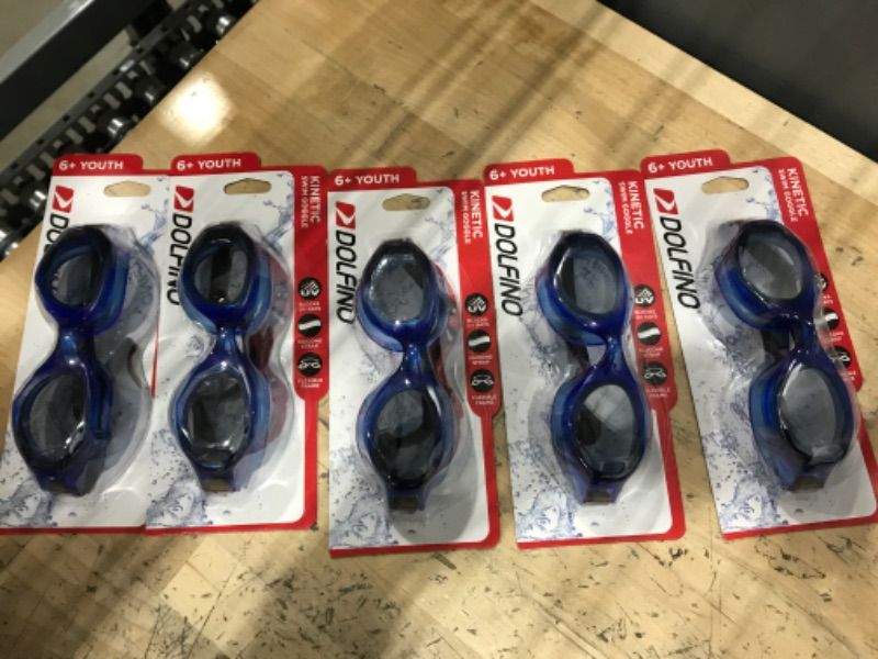 Photo 2 of 5 packs- Dolfino Kinetic Blue Youth Swim Goggles with UV Protecton and Latex Free