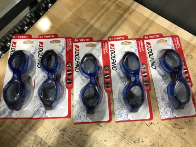 Photo 1 of 5 packs- Dolfino Kinetic Blue Youth Swim Goggles with UV Protecton and Latex Free