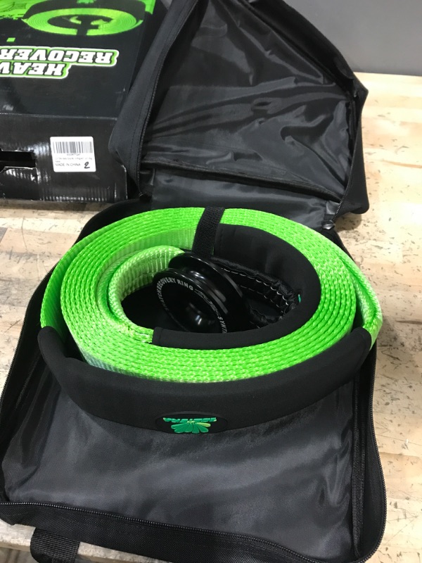 Photo 2 of ZOSTERA Tow Strap Recovery Rope Towing Strap Heavy Duty with Loops, Snatch Strap 3 in x 30 ft, Lab Tested 35,000lb Break Strength with Synthetic Soft Shackle Snatch Recovery Ring Carry Bag Green Tow Strap + Soft Shackles + Snatch Ring 3in x 20ft