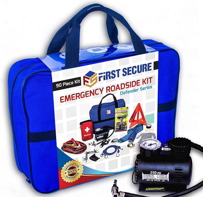 Photo 1 of First Secure - 90 Piece Car Emergency Roadside & First Aid Kit Inside - Long-Lasting Quality - Essential Emergency Tool Kit - Survival & Safety Solution - Peace of Mind on the Road