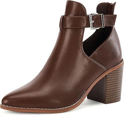 Photo 1 of Womens Cutout Buckle Strap Ankle Boots Pointed Toe Chunky Block Heel Back Zipper Booties size 8 