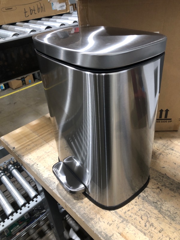 Photo 1 of Amazon Basics 12 Liter / 3.1 Gallon Soft-Close, Smude Resistant Small Trash Can with Foot Pedal - Brushed Stainless Steel, Satin Nickel Finish 12L / 3.1 Gallon