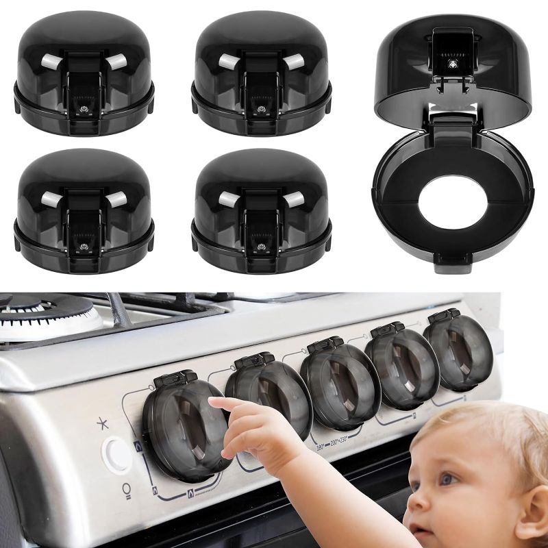 Photo 1 of 5-Pack Stove Knob Covers for Child Safety - Universal Size Gas Stove Knob Covers with Adhesive, Heat-Resistant Baby Proof Stove Knob Covers, Dual-Key Oven Knob Covers for Child Safety and Pet (Black)
